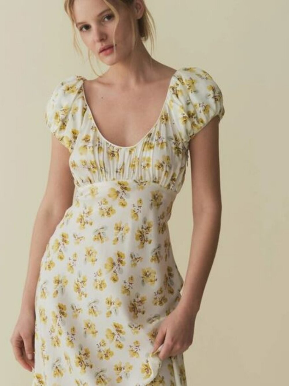 Doen Florencia Silk Short Puff Sleeve Midi Dress Yellow Gold Frolicking Floral